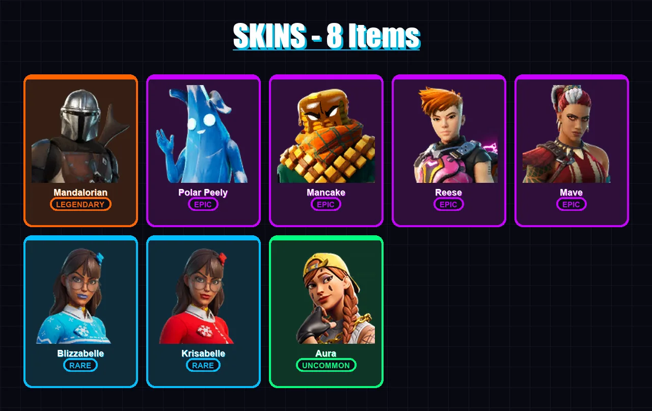 [PC/XBOX/PSN] | Mandalorian | Polar Peely | Mancake | Reese | Mave | 8 skin | 15 pickaxe | 13 emote | 11 glider | Lv138