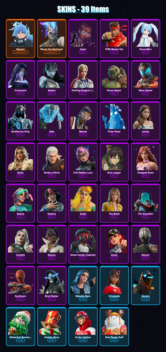 [PC/XBOX/PSN] | Nezumi | Renzo the Destroyer | Imani | FIRE Master Kai | Snow Miku | 39 skin | 49 pickaxe | 29 emote | 36 glider | Lv450