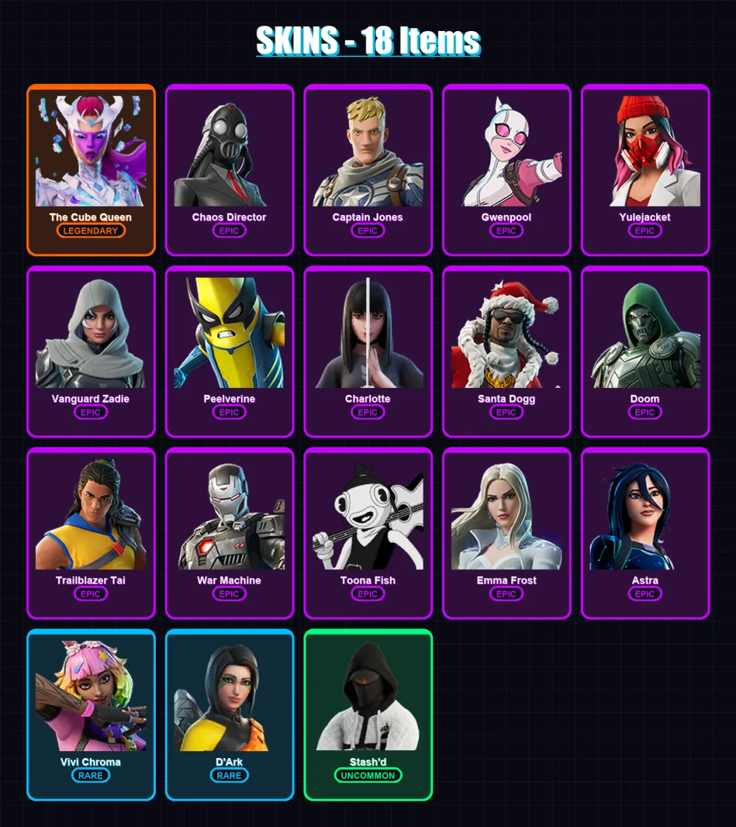 [PC/XBOX] | The Cube Queen | Chaos Director | Captain Jones | Gwenpool | Yulejacket | 18 skin | 47 pickaxe | 33 emote | 33 glider | Lv506
