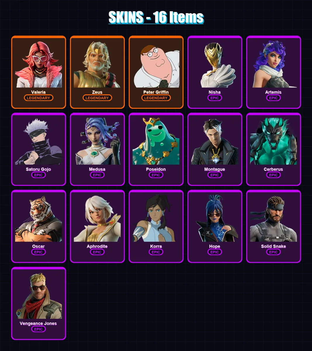 [SWITCH/XBOX/PSN/PC] | Valeria | Zeus | Peter Griffin | Nisha | Artemis | 16 skin | 21 pickaxe | 20 emote | 16 glider | Lv173