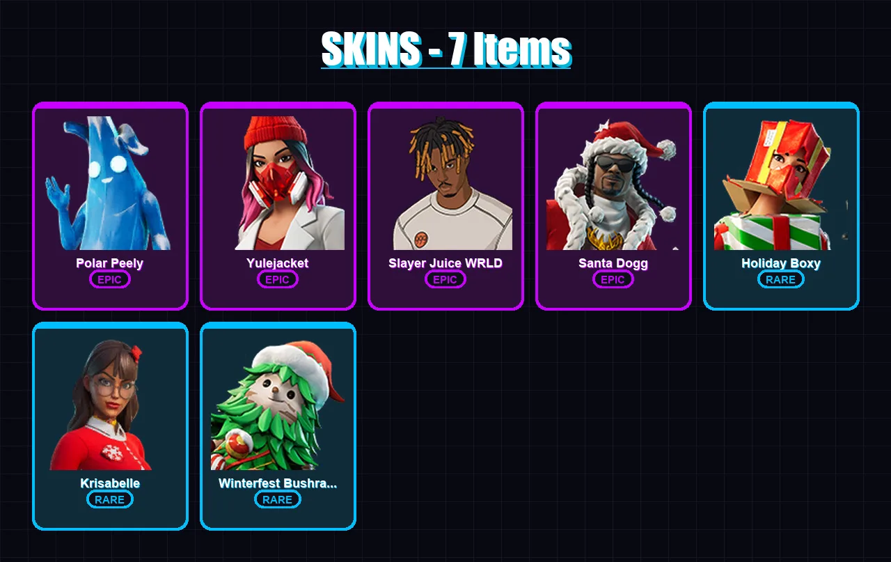 [PC/XBOX/PSN] | Polar Peely | Yulejacket | Slayer Juice WRLD | Santa Dogg | Holiday Boxy | 7 skin | 22 pickaxe | 21 emote | 17 glider | Lv254