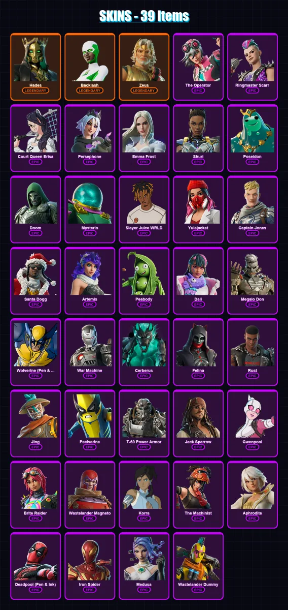 [SWITCH/XBOX/PSN/PC] | Hades | Backlash | Zeus | The Operator | Ringmaster Scarr | 39 skin | 72 pickaxe | 58 emote | 47 glider | Lv970