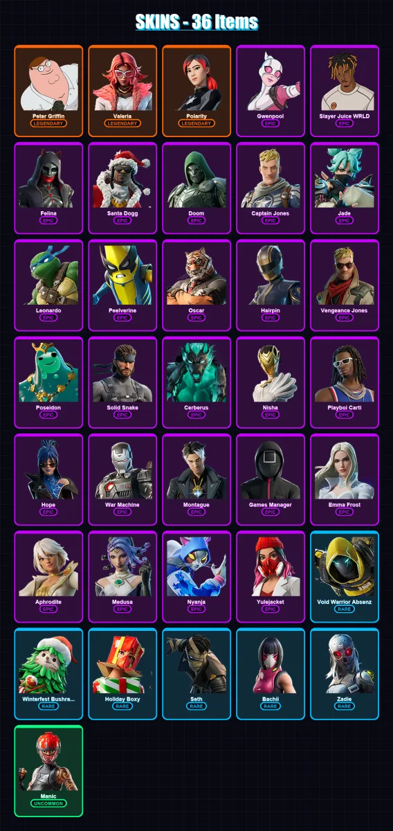 [PC/PSN] | Peter Griffin | Valeria | Polarity | Gwenpool | Slayer Juice WRLD | 36 skin | 52 pickaxe | 40 emote | 37 glider | Lv406 — Fortnite account