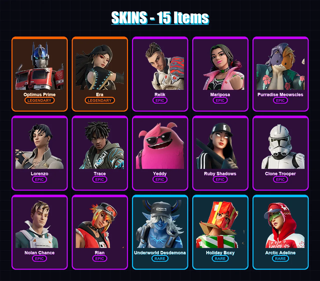 [PC/XBOX/PSN] | Optimus Prime | Era | Relik | Mariposa | Purradise Meowscles | 15 skin | 42 pickaxe | 28 emote | 41 glider | Lv830