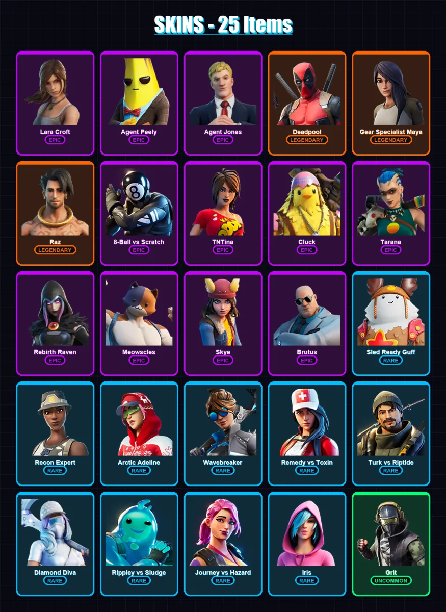 [PC/XBOX/PSN] | Lara Croft | Agent Peely | Agent Jones | Deadpool | Gear Specialist Maya | 25 skin | 27 pickaxe | 37 emote | 25 glider | Lv339