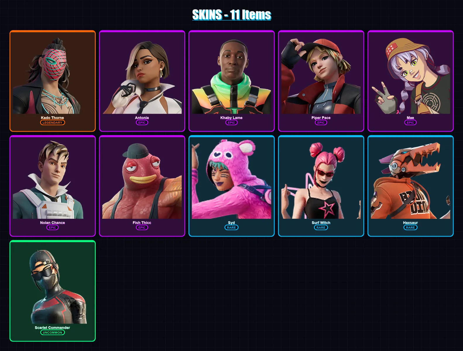[PC/XBOX/PSN] | Kado Thorne | Antonia | Khaby Lame | Piper Pace | Mae | 11 skin | 16 pickaxe | 13 emote | 12 glider | Lv255