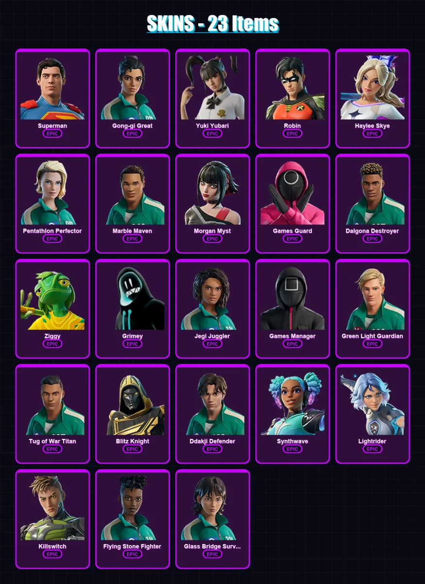 [PS4/PS5/XBOX/PC] | Superman | Gong-gi Great | Yuki Yubari | Robin | Haylee Skye | 23 skin | 27 pickaxe | 21 emote | 18 glider | Lv262