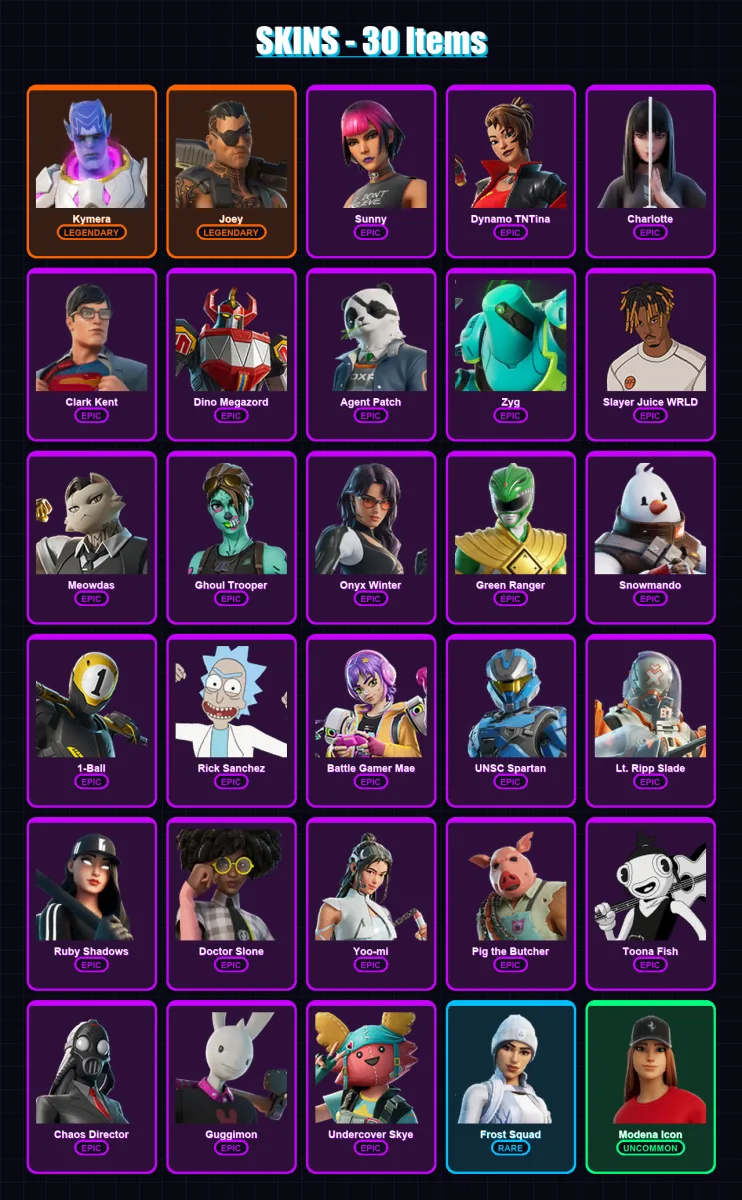 [PC/XBOX/PSN] | Kymera | Joey | Sunny | Dynamo TNTina | Charlotte | 30 skin | 55 pickaxe | 43 emote | 46 glider | Lv638