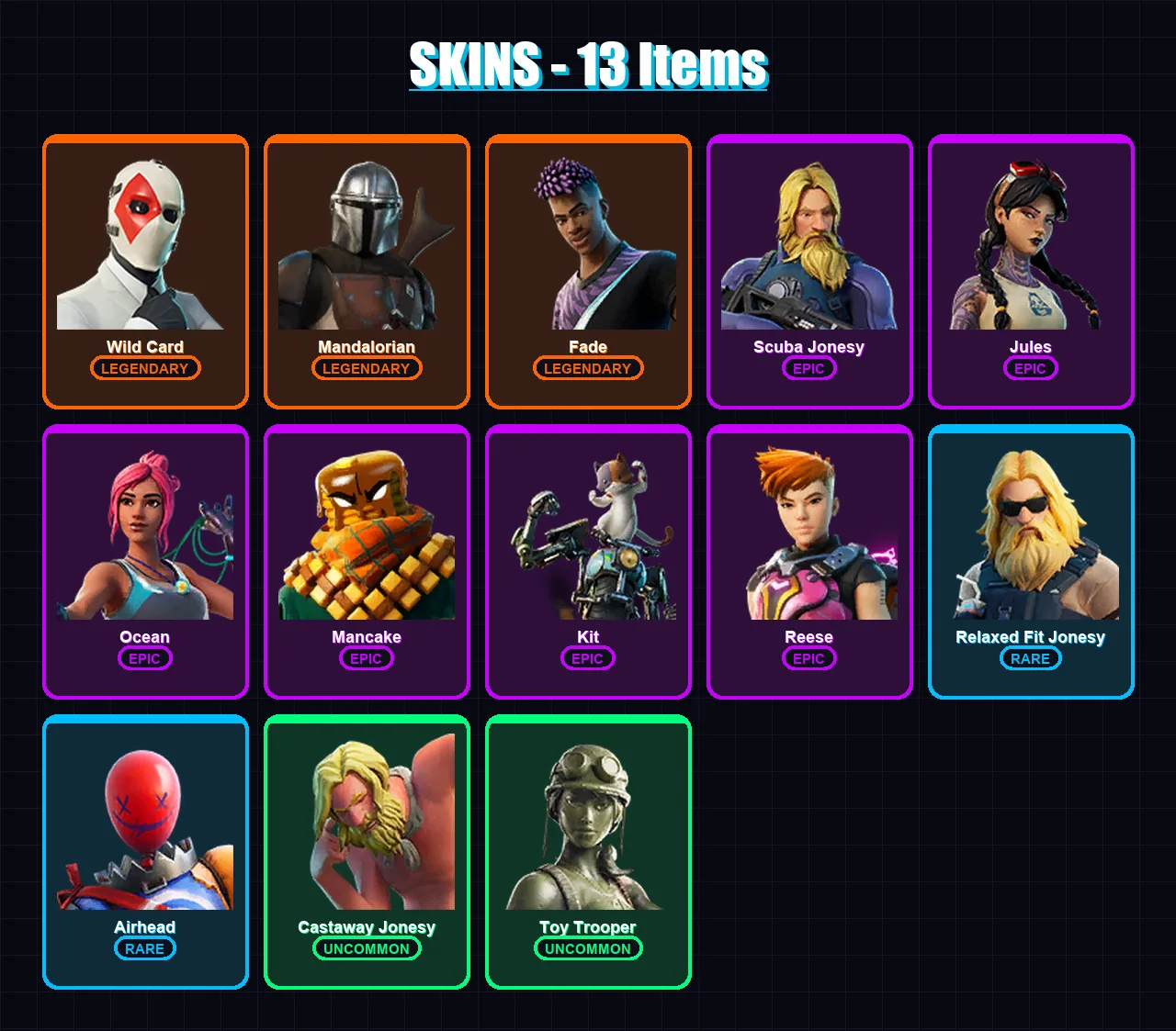 [SWITCH/PSN/PC] | Wild Card | Mandalorian | Fade | Scuba Jonesy | Jules | 13 skin | 11 pickaxe | 21 emote | 17 glider | Lv177