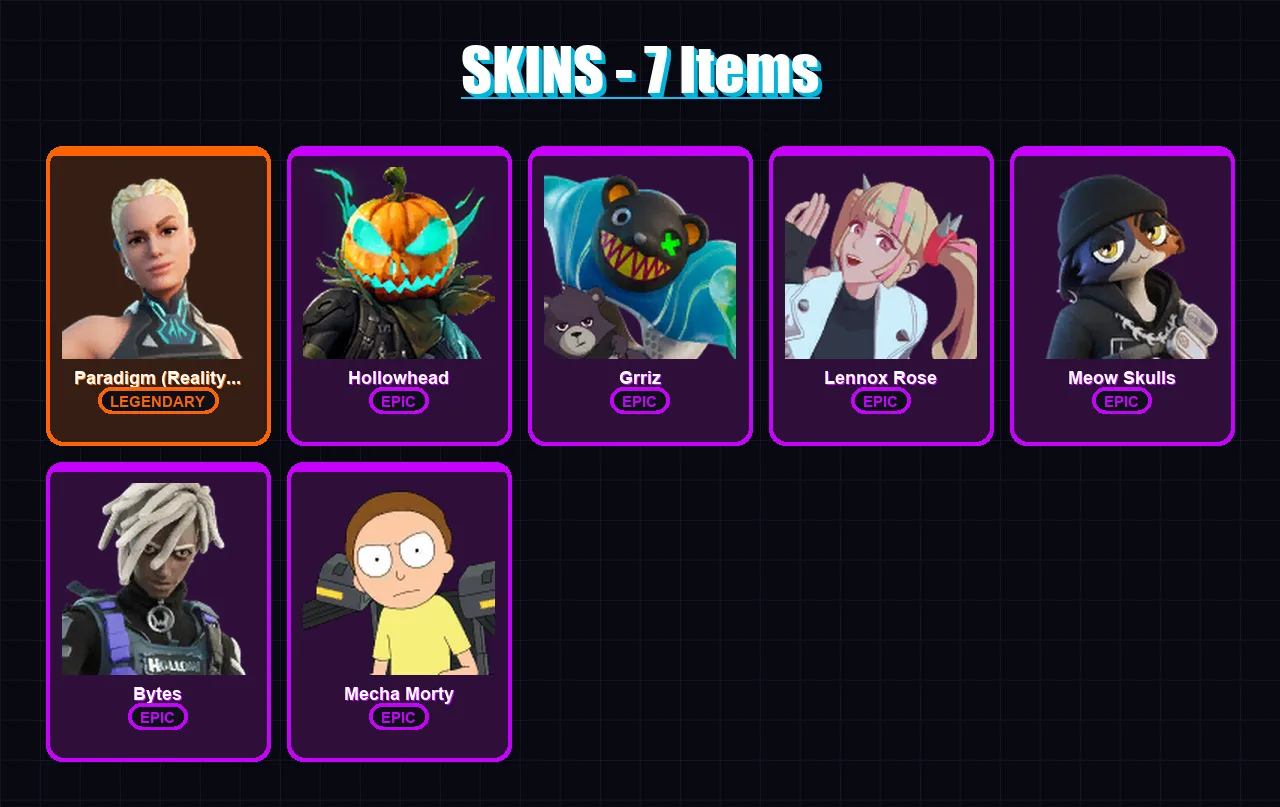 [PC/XBOX/PSN] | Paradigm (Reality-659) | Hollowhead | Grriz | Lennox Rose | Meow Skulls | 7 skin | 8 pickaxe | 8 emote | 11 glider | Lv86