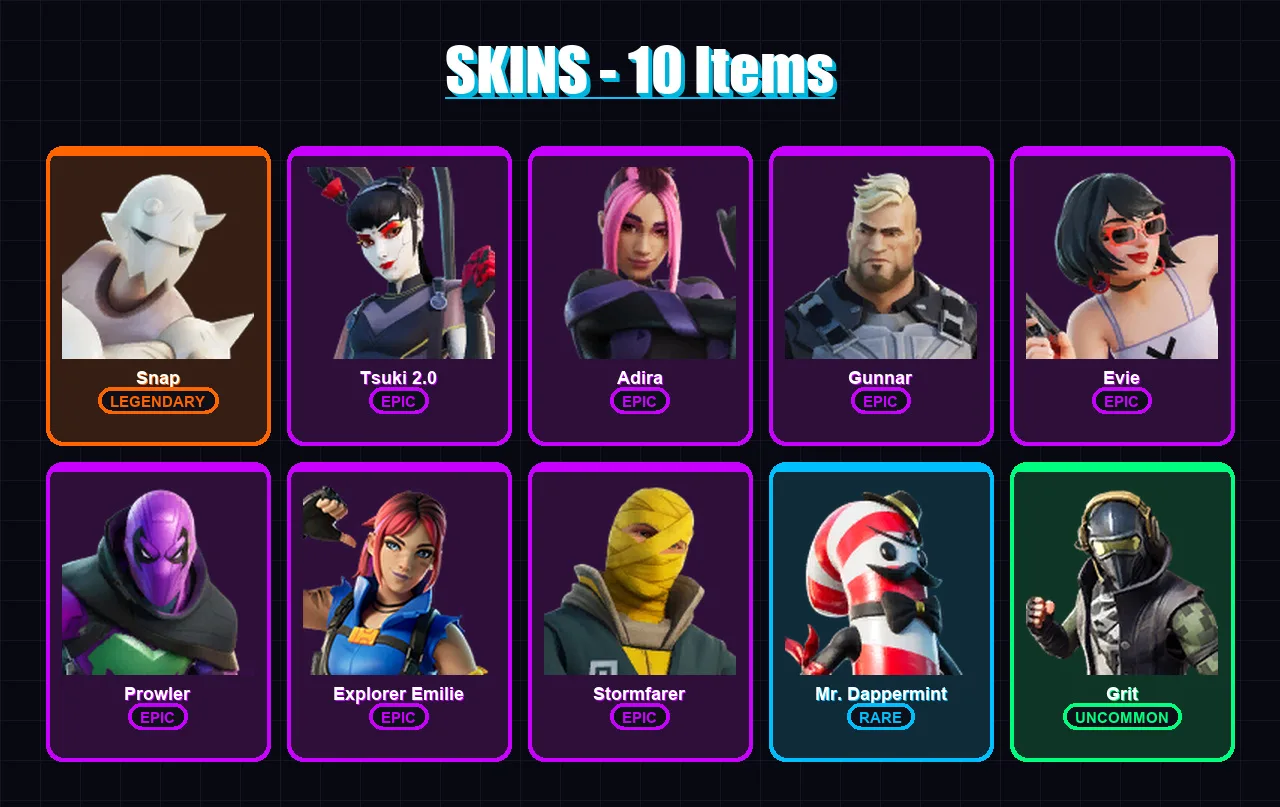 [PC/XBOX/PSN] | Snap | Tsuki 2.0 | Adira | Gunnar | Evie | 10 skin | 15 pickaxe | 6 emote | 15 glider | Lv141