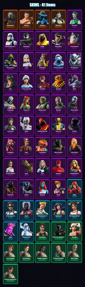 [PC/XBOX] | Mandalorian | Menace | Deadeye | Midas Rex | The Joker | 61 skin | 41 pickaxe | 35 emote | 25 glider | Lv302