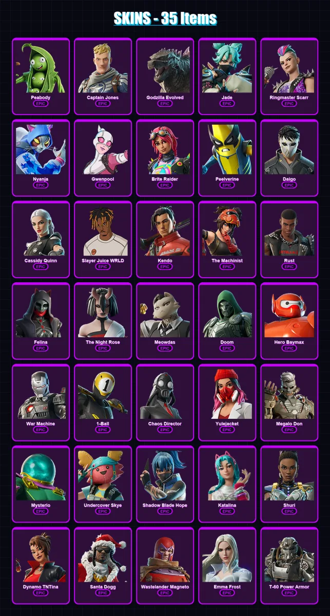[PC/XBOX/PSN] | Peabody | Captain Jones | Godzilla Evolved | Jade | Ringmaster Scarr | 35 skin | 57 pickaxe | 42 emote | 42 glider | Lv700
