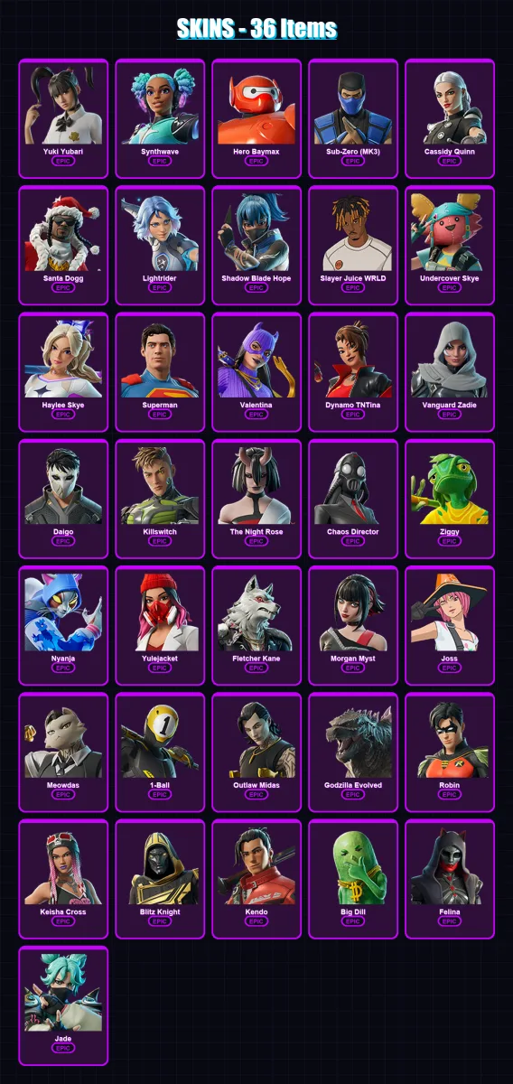 [PC/XBOX] | Yuki Yubari | Synthwave | Hero Baymax | Sub-Zero (MK3) | Cassidy Quinn | 36 skin | 82 pickaxe | 51 emote | 59 glider | Lv1076 — Fortnite account