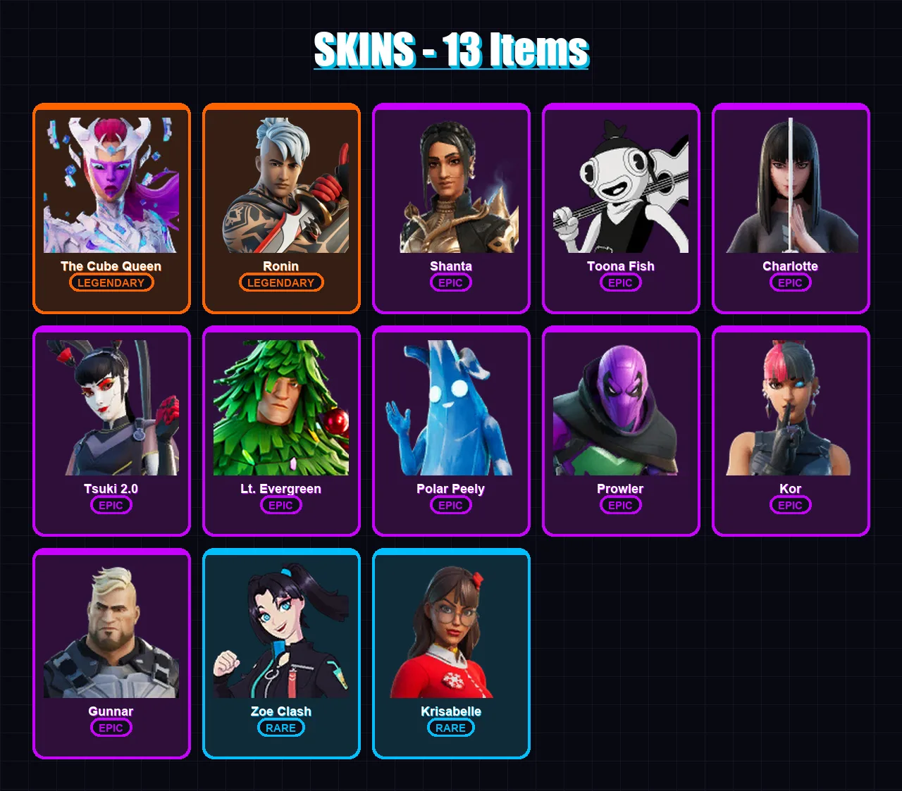 [PC/XBOX/PSN] | The Cube Queen | Ronin | Shanta | Toona Fish | Charlotte | 13 skin | 23 pickaxe | 16 emote | 27 glider | Lv227