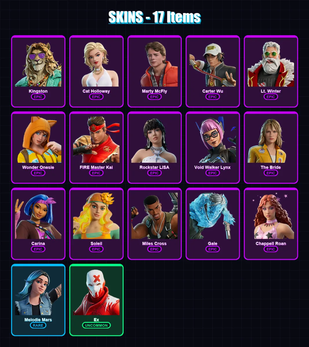 [PC/XBOX/PSN] | Kingston | Cat Holloway | Marty McFly | Carter Wu | Lt. Winter | 17 skin | 23 pickaxe | 17 emote | 12 glider | Lv104