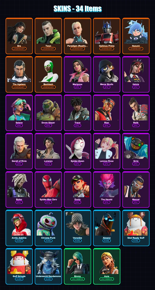 [PC/XBOX/PSN] | Era | Twyn | Paradigm (Reality-659) | Optimus Prime | Nezumi | 34 skin | 60 pickaxe | 33 emote | 47 glider | Lv681