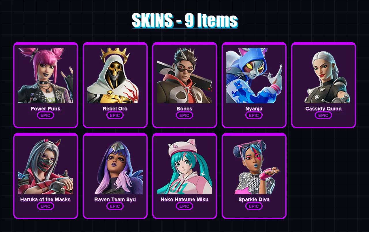 [SWITCH/XBOX/PSN/PC] | Power Punk | Rebel Oro | Bones | Nyanja | Cassidy Quinn | 9 skin | 8 pickaxe | 4 emote | 8 glider | Lv42