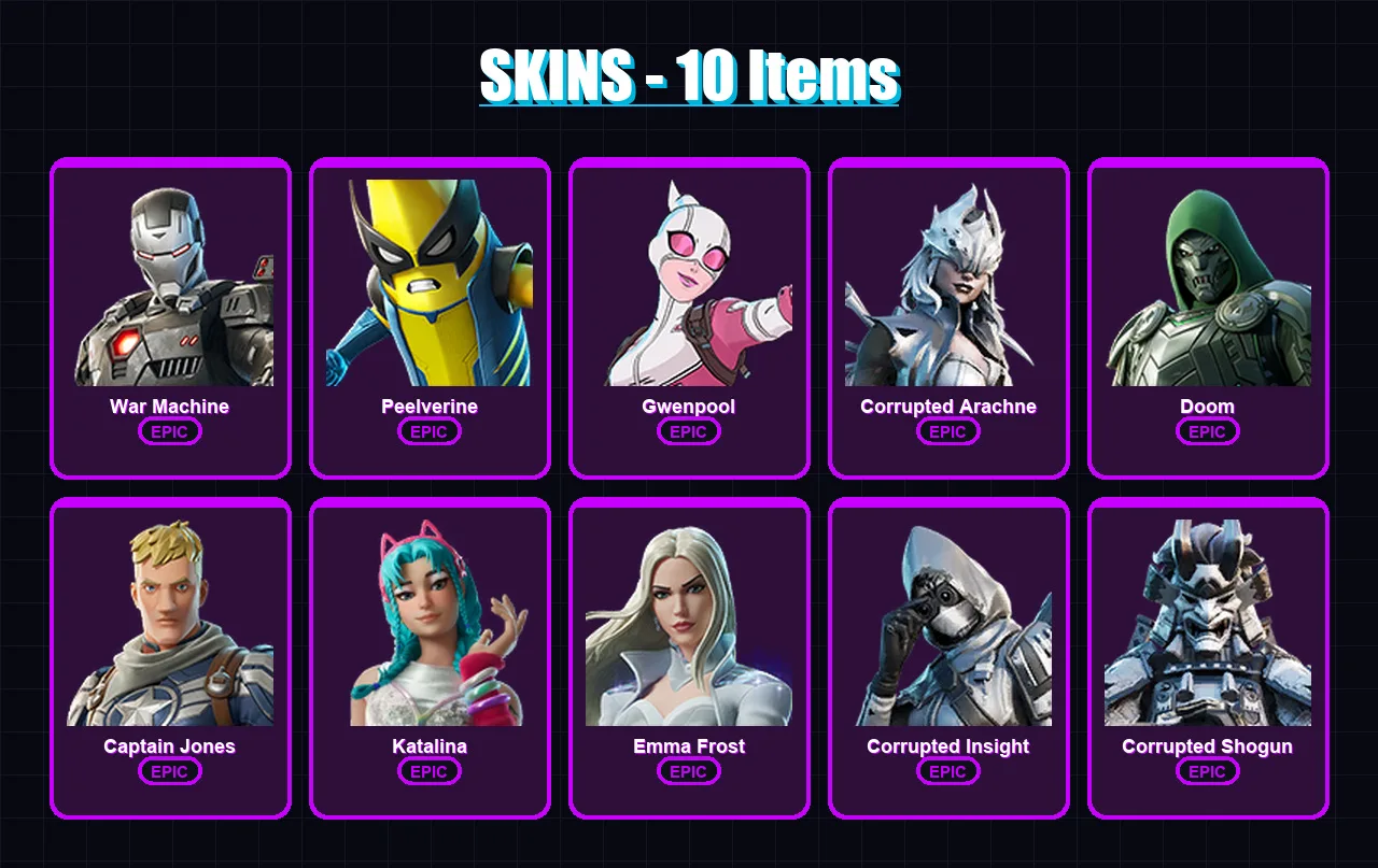 [PC/XBOX/PSN] | War Machine | Peelverine | Gwenpool | Corrupted Arachne | Doom | 10 skin | 11 pickaxe | 11 emote | 10 glider | Lv107
