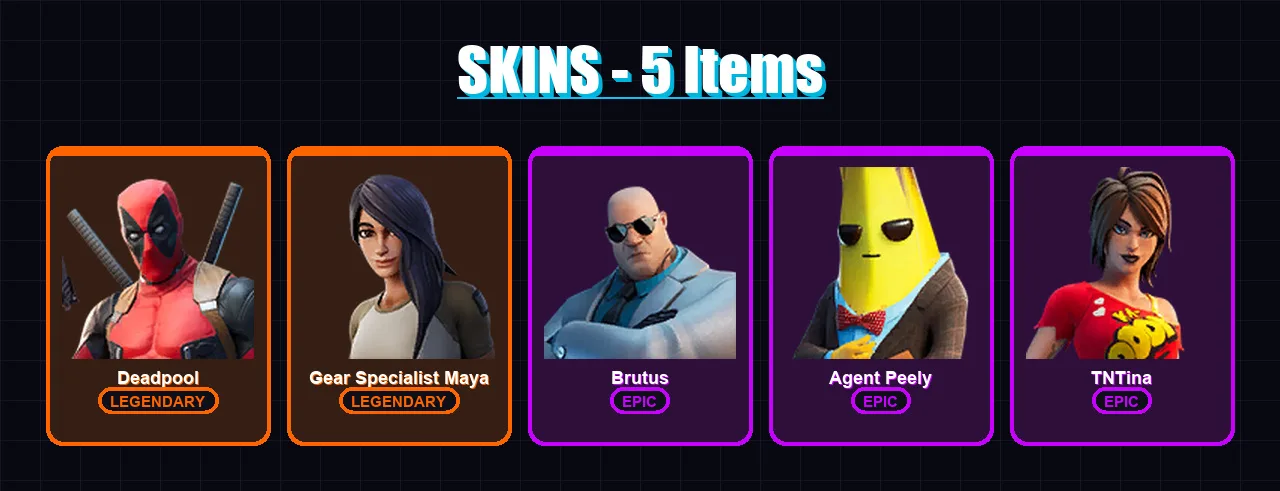 [PC/XBOX/PSN] | Deadpool | Gear Specialist Maya | Brutus | Agent Peely | TNTina | 5 skin | 7 pickaxe | 6 emote | 14 glider | Lv155