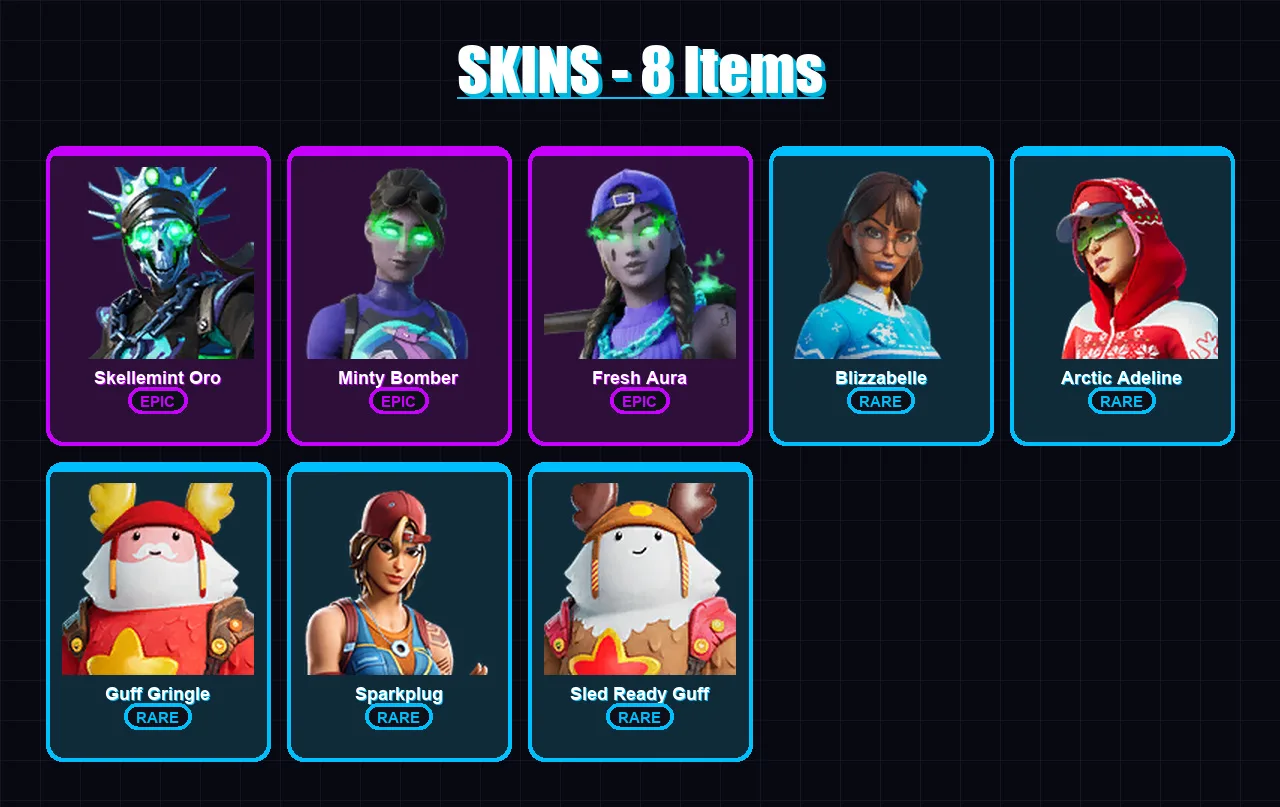 [PC/XBOX/PSN] | Skellemint Oro | Minty Bomber | Fresh Aura | Blizzabelle | Arctic Adeline | 8 skin | 31 pickaxe | 13 emote | 27 glider | Lv341