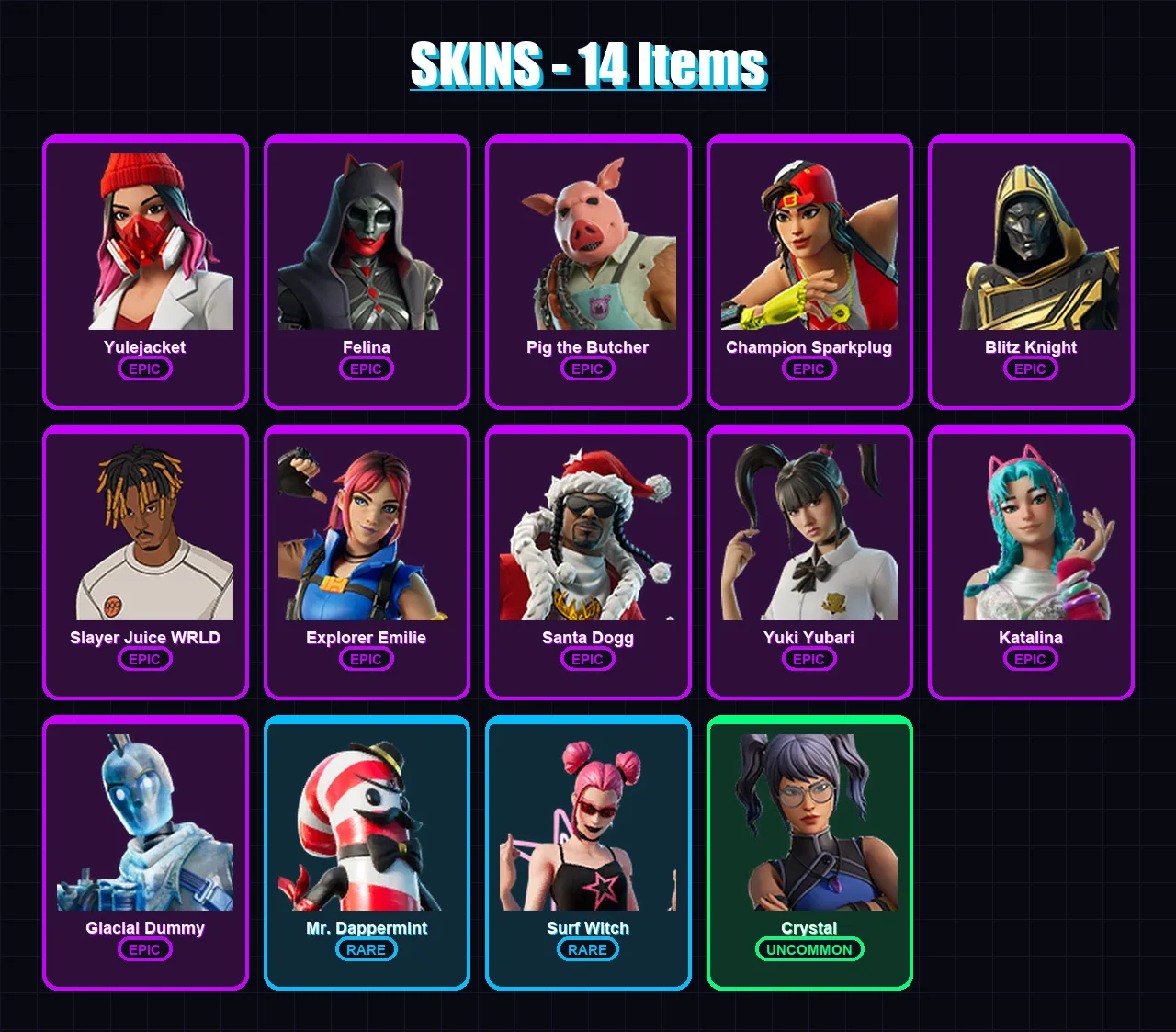 [PC/XBOX/PSN] | Yulejacket | Felina | Pig the Butcher | Champion Sparkplug | Blitz Knight | 14 skin | 75 pickaxe | 31 emote | 46 glider | Lv773