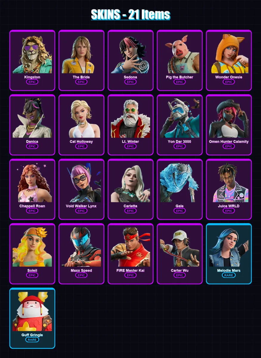 [PC/XBOX/PSN] | Kingston | The Bride | Sedona | Pig the Butcher | Wonder Onesie | 21 skin | 29 pickaxe | 20 emote | 19 glider | Lv126