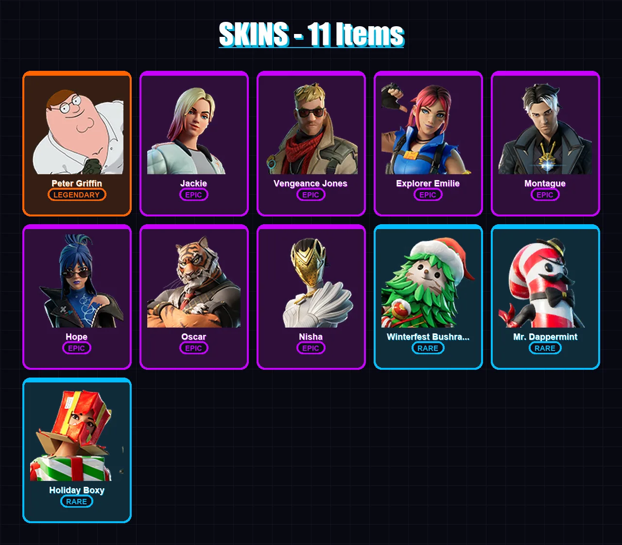 [PC/XBOX/PSN] | Peter Griffin | Jackie | Vengeance Jones | Explorer Emilie | Montague | 11 skin | 10 pickaxe | 4 emote | 7 glider | Lv80