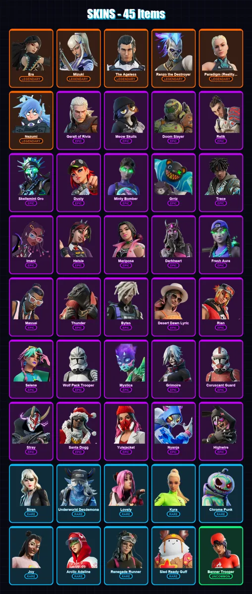 [PC/PSN] | Era | Mizuki | The Ageless | Renzo the Destroyer | Paradigm (Reality-659) | 45 skin | 46 pickaxe | 74 emote | 41 glider | Lv545