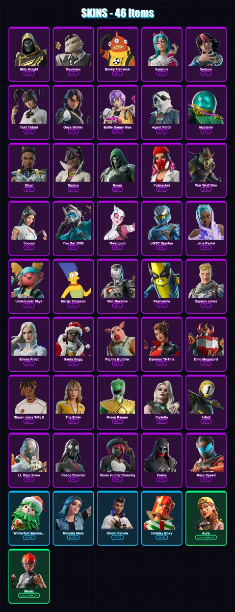 [PC/PSN] | Blitz Knight | Meowdas | Blinky Fishstick | Katalina | Sedona | 46 skin | 104 pickaxe | 56 emote | 67 glider | Lv927