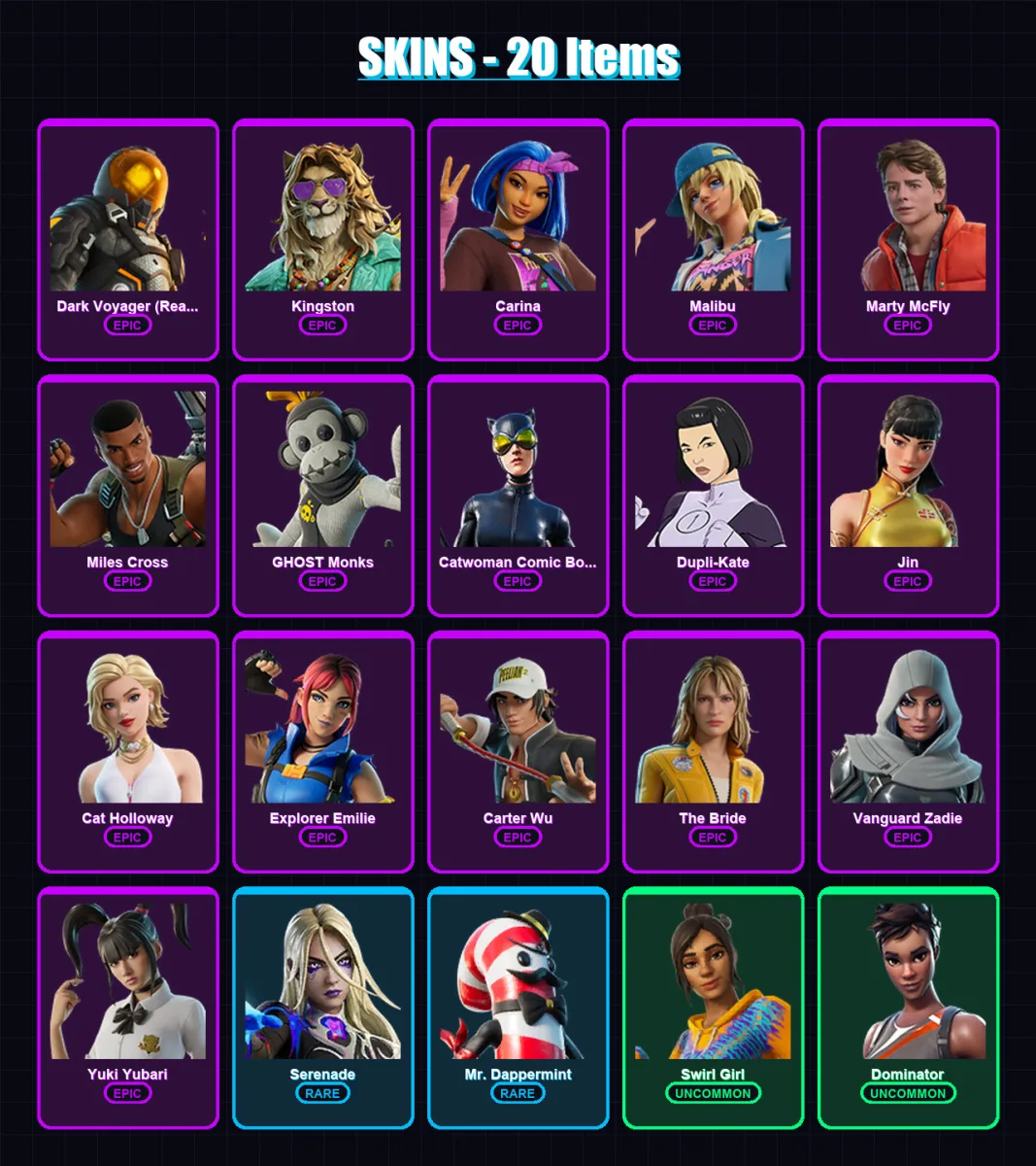 [PC/XBOX/PSN] | Dark Voyager (Reality Redacted) | Kingston | Carina | Malibu | Marty McFly | 20 skin | 58 pickaxe | 28 emote | 37 glider | Lv1608