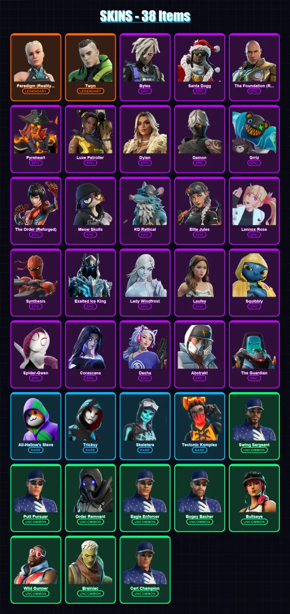 [PC/XBOX/PSN] | Paradigm (Reality-659) | Twyn | Bytes | Santa Dogg | The Foundation (Reforged) | 38 skin | 60 pickaxe | 41 emote | 45 glider | Lv609