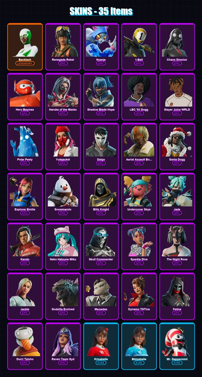 [PC/XBOX/PSN] | Backlash | Renegade Rebel | Nyanja | 1-Ball | Chaos Director | 35 skin | 90 pickaxe | 59 emote | 65 glider | Lv1312