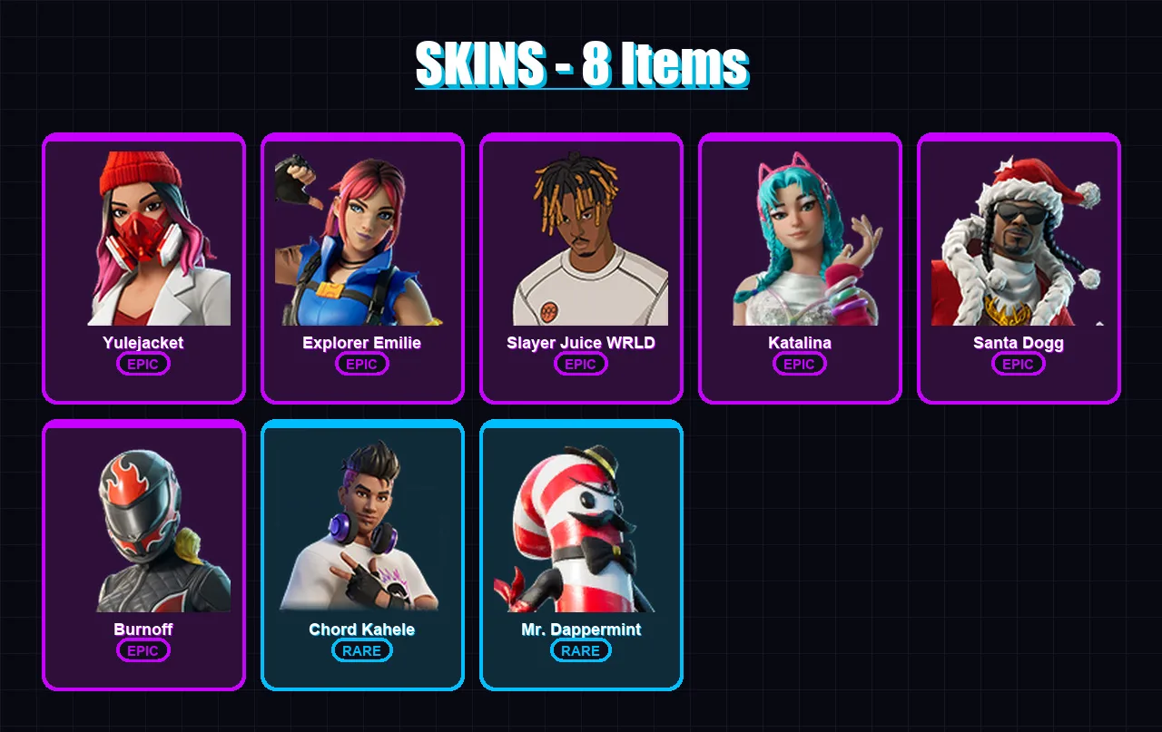 [PC/XBOX] | Yulejacket | Explorer Emilie | Slayer Juice WRLD | Katalina | Santa Dogg | 8 skin | 17 pickaxe | 5 emote | 11 glider | Lv47