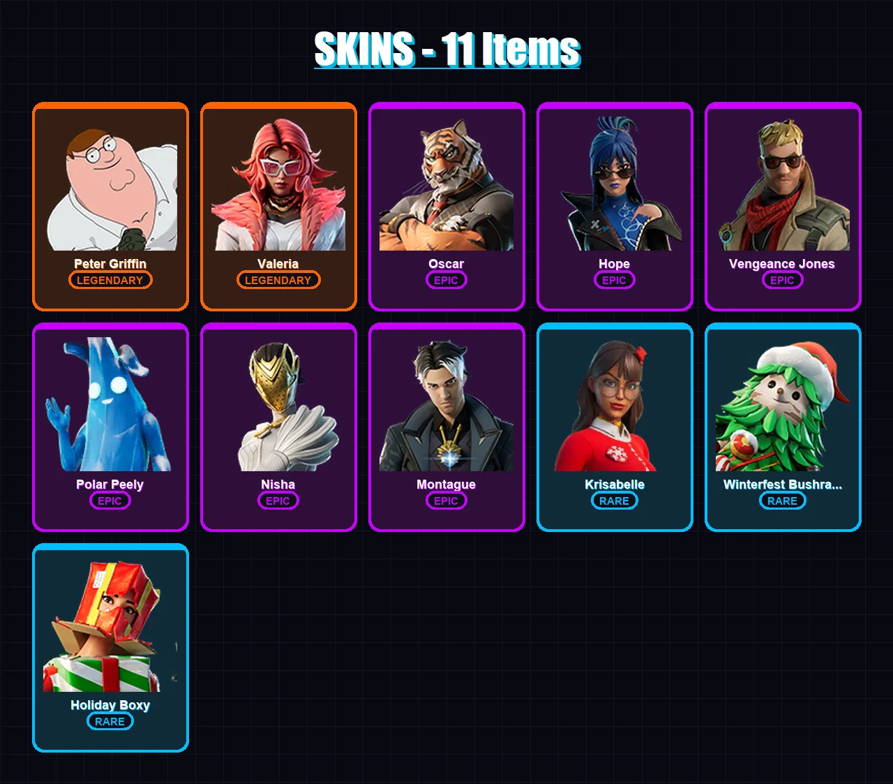 [PC/XBOX/PSN] | Peter Griffin | Valeria | Oscar | Hope | Vengeance Jones | 11 skin | 12 pickaxe | 8 emote | 12 glider | Lv130