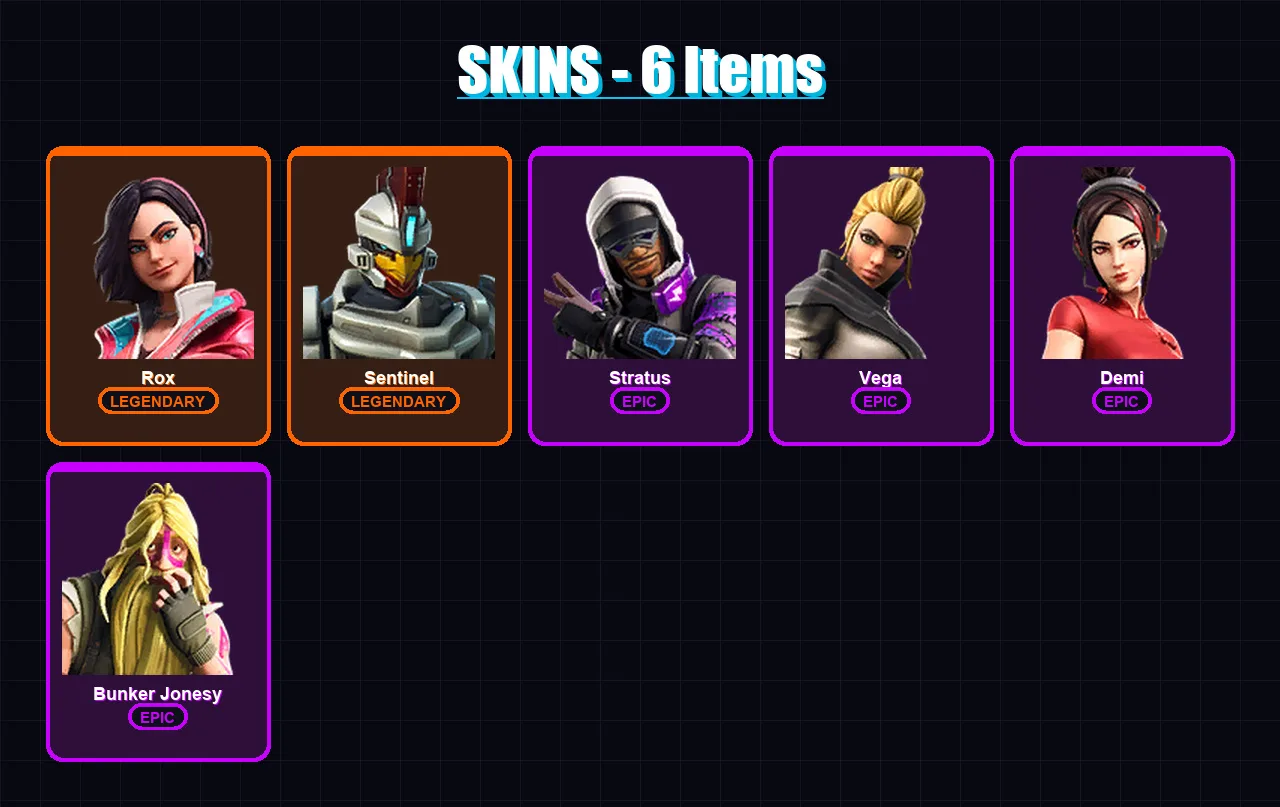 [PC/XBOX/PSN] | Rox | Sentinel | Stratus | Vega | Demi | 6 skin | 6 pickaxe | 7 emote | 7 glider | Lv70