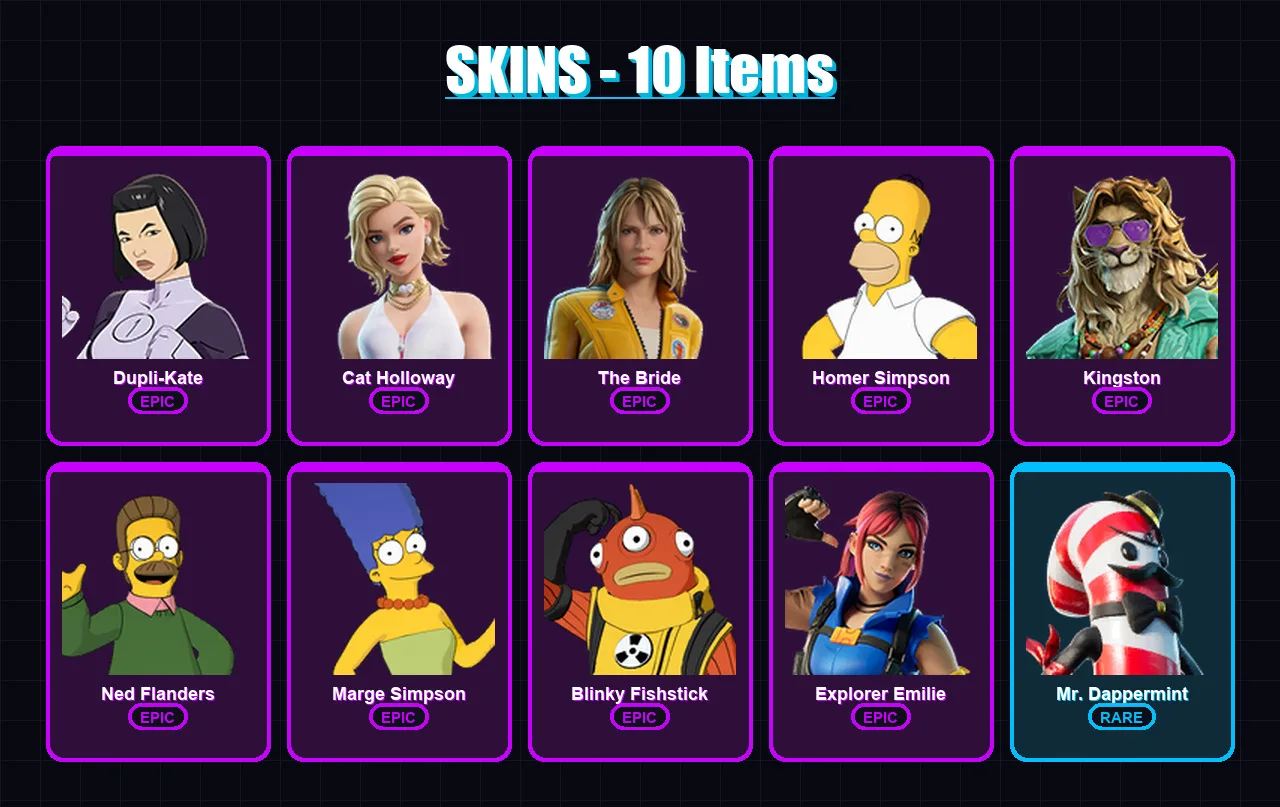 [PC/XBOX/PSN] | Dupli-Kate | Cat Holloway | The Bride | Homer Simpson | Kingston | 10 skin | 18 pickaxe | 12 emote | 15 glider | Lv127