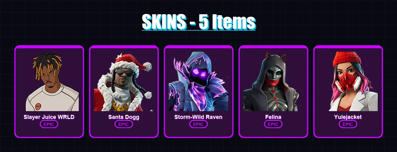 [PS4/PS5/XBOX/PC] | Slayer Juice WRLD | Santa Dogg | Storm-Wild Raven | Felina | Yulejacket | 5 skin | 28 pickaxe | 14 emote | 20 glider | Lv257