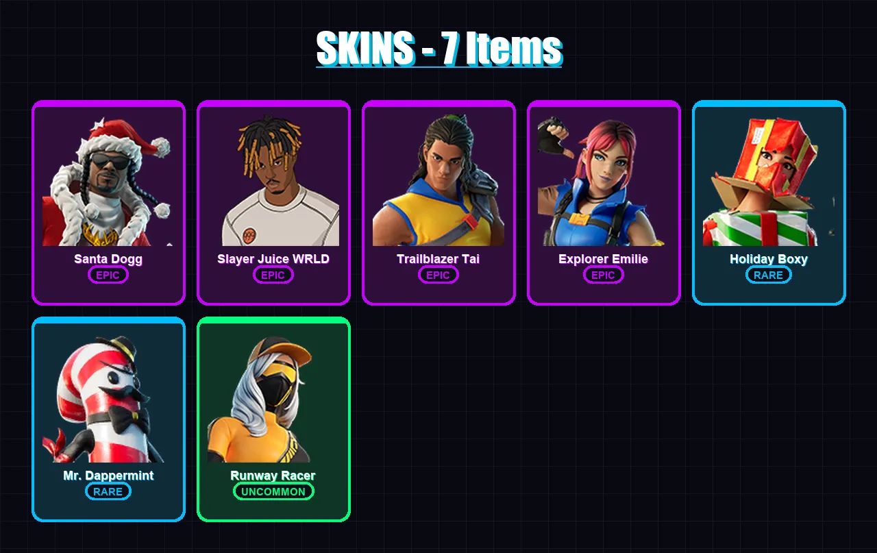 [PC/PSN] | Santa Dogg | Slayer Juice WRLD | Trailblazer Tai | Explorer Emilie | Holiday Boxy | 7 skin | 39 pickaxe | 16 emote | 26 glider | Lv486