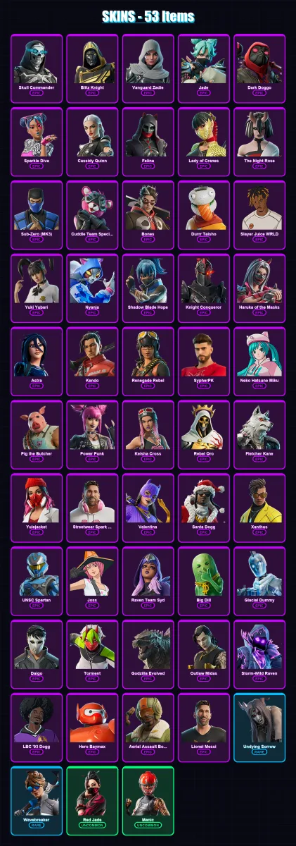[PC/PSN] | Skull Commander | Blitz Knight | Vanguard Zadie | Jade | Dark Doggo | 53 skin | 117 pickaxe | 67 emote | 72 glider | Lv1272