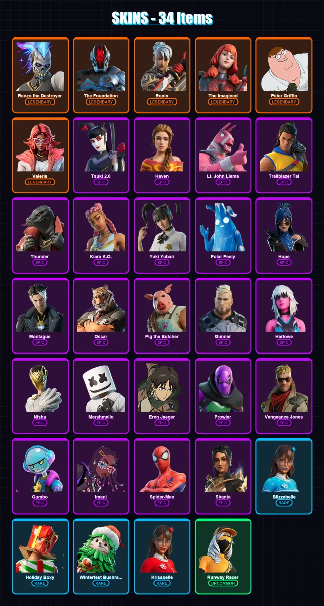 [PC/XBOX] | Renzo the Destroyer | The Foundation | Ronin | The Imagined | Peter Griffin | 34 skin | 71 pickaxe | 42 emote | 57 glider | Lv778