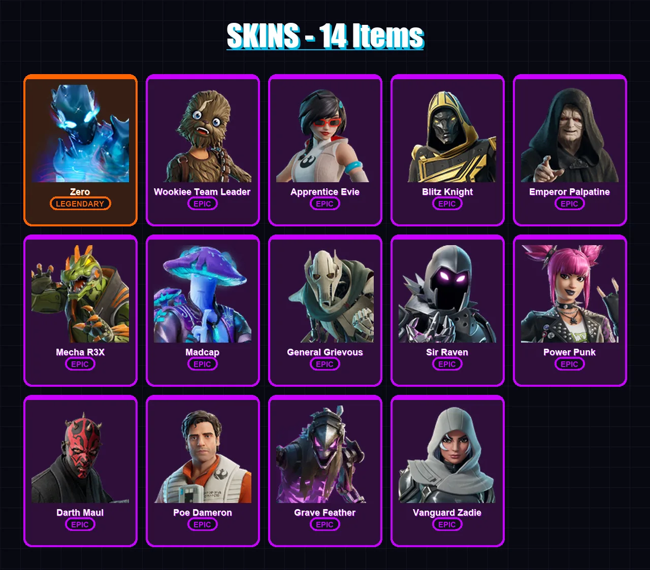 [PC/XBOX/PSN] | Zero | Wookiee Team Leader | Apprentice Evie | Blitz Knight | Emperor Palpatine | 14 skin | 24 pickaxe | 10 emote | 16 glider | Lv12