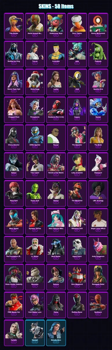 [PC] | Tide Strider | Aerial Assault Bomber | Undercover Skye | Durrr Taisho | Kenny McCormick | 58 skin | 71 pickaxe | 39 emote | 34 glider | Lv204
