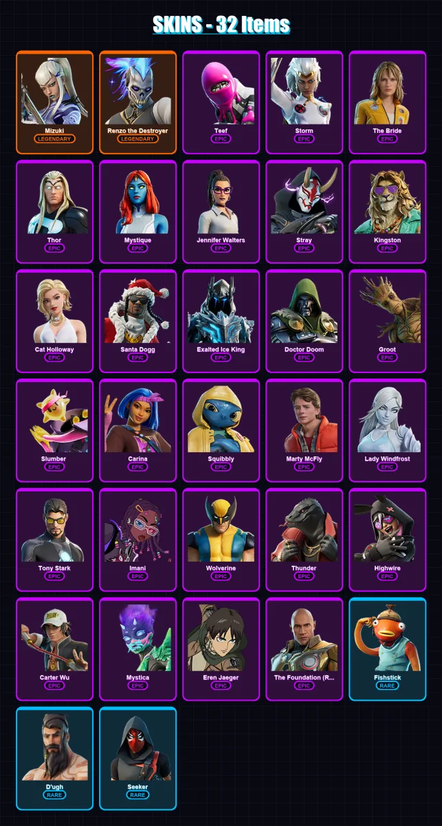[PC/XBOX/PSN] | Mizuki | Renzo the Destroyer | Teef | Storm | The Bride | 32 skin | 40 pickaxe | 57 emote | 45 glider | Lv634