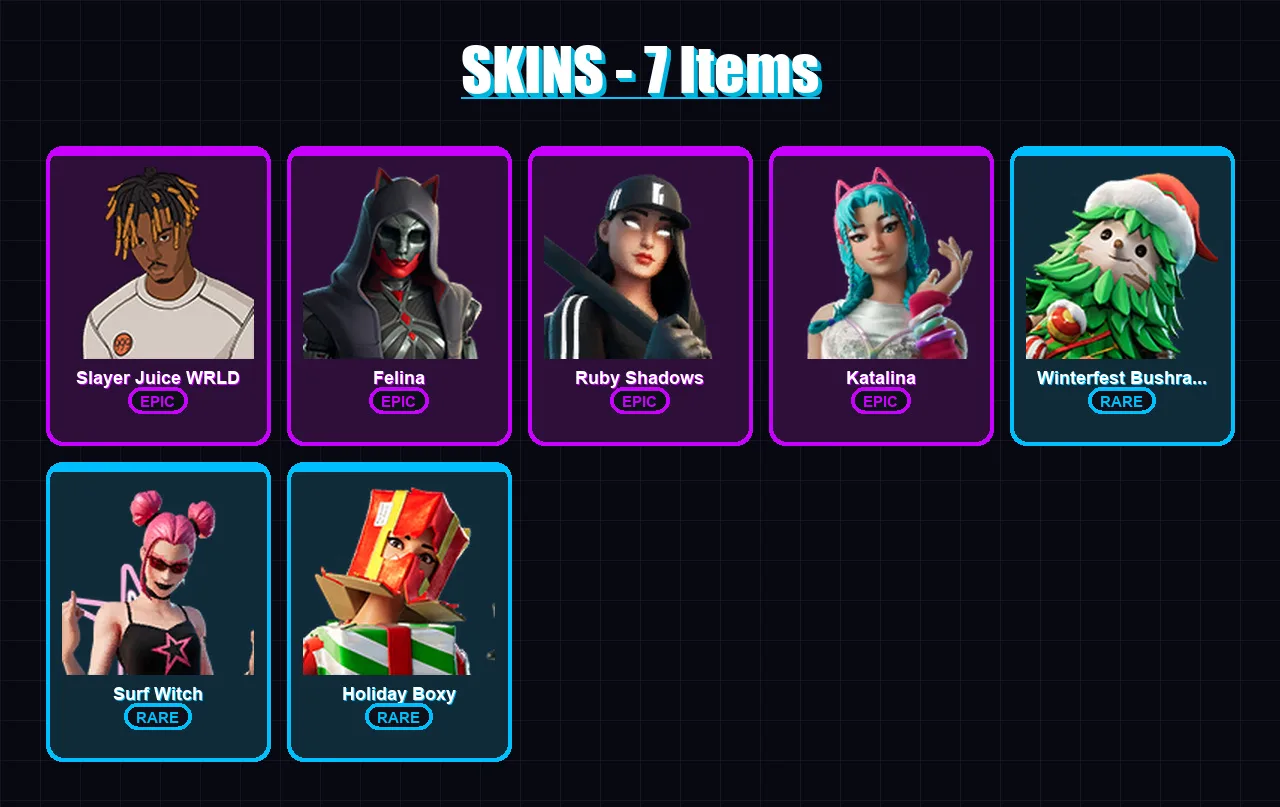 [SWITCH/PSN/PC] | Slayer Juice WRLD | Felina | Ruby Shadows | Katalina | Winterfest Bushranger | 7 skin | 18 pickaxe | 13 emote | 18 glider | Lv274