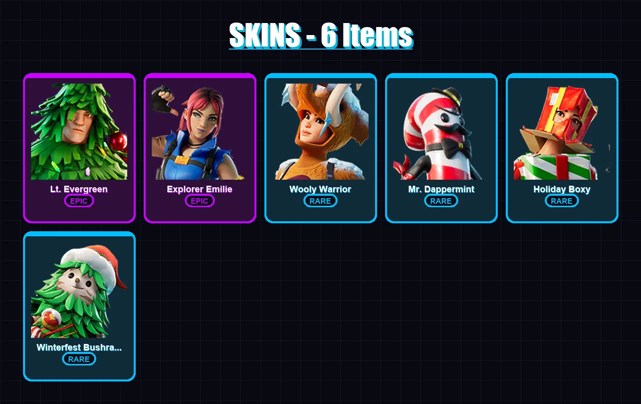 [PC/XBOX/PSN] | Lt. Evergreen | Explorer Emilie | Wooly Warrior | Mr. Dappermint | Holiday Boxy | 6 skin | 7 pickaxe | 2 emote | 10 glider | Lv22