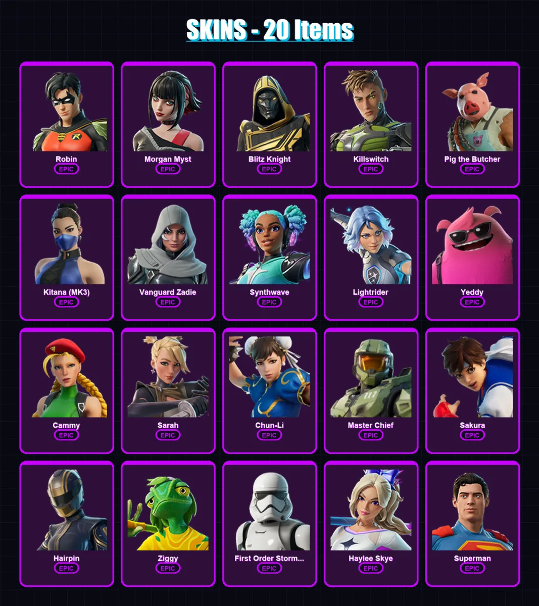 [PC/PSN] | Robin | Morgan Myst | Blitz Knight | Killswitch | Pig the Butcher | 20 skin | 47 pickaxe | 32 emote | 44 glider | Lv408