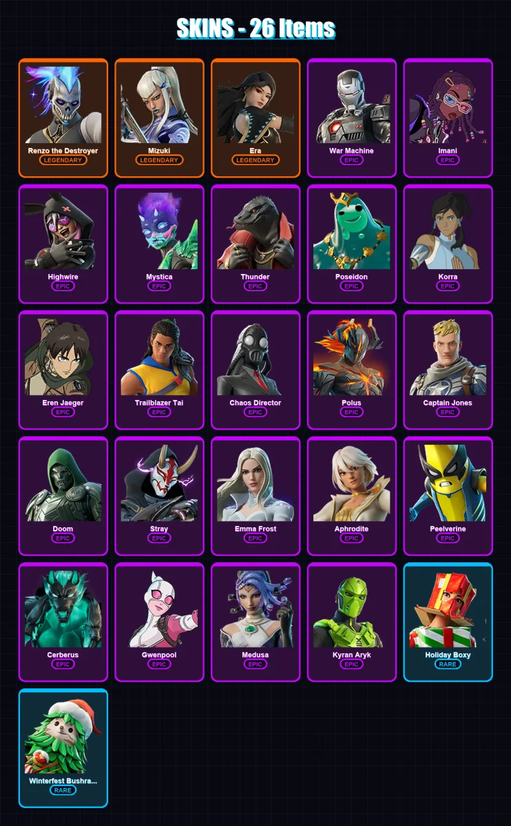 [PC/XBOX/PSN] | Renzo the Destroyer | Mizuki | Era | War Machine | Imani | 26 skin | 36 pickaxe | 28 emote | 34 glider | Lv461 — Fortnite account