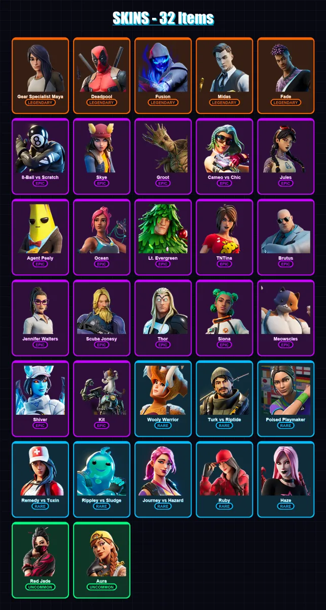 [PC/XBOX/PSN] | Gear Specialist Maya | Deadpool | Fusion | Midas | Fade | 32 skin | 31 pickaxe | 33 emote | 32 glider | Lv643