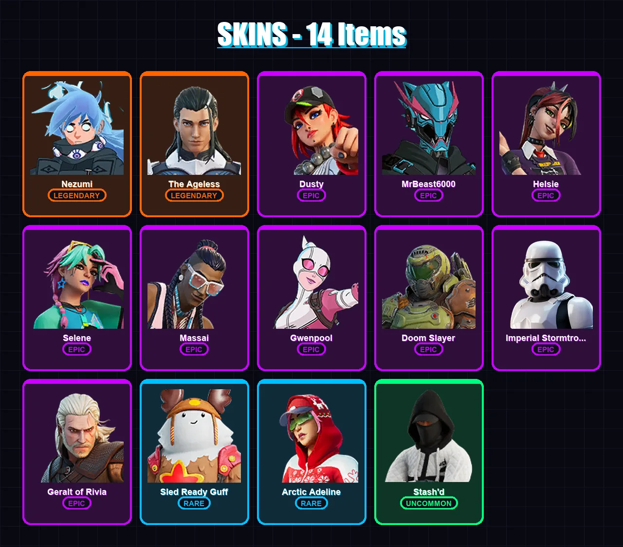 [PC/PSN] | Nezumi | The Ageless | Dusty | MrBeast6000 | Helsie | 14 skin | 21 pickaxe | 20 emote | 26 glider | Lv273